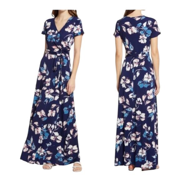 Eliza J Dress floral v neck stretch knit maxi blue size 2 - Picture 1 of 6
